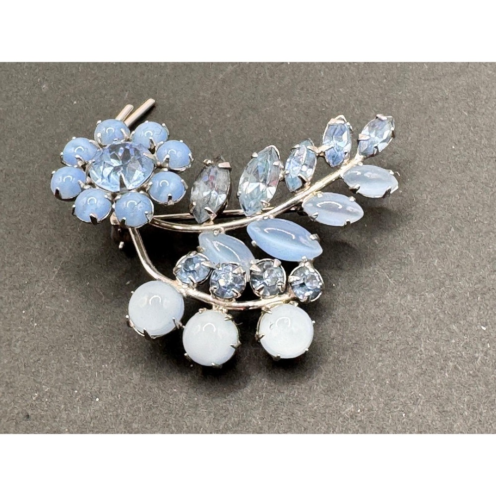 Blue Rhinestone, Moonstone Floral Spray Brooch Silver Tone Pin, vintage EUC
